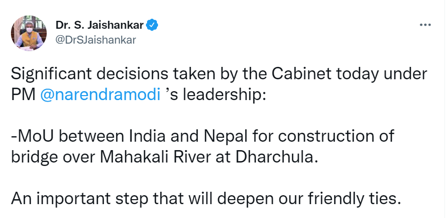 दार्चुला र धार्चुला जोड्ने महाकाली नदीमा पुल बनाउने भारतीय मन्त्रिपरिषद्को निर्णय